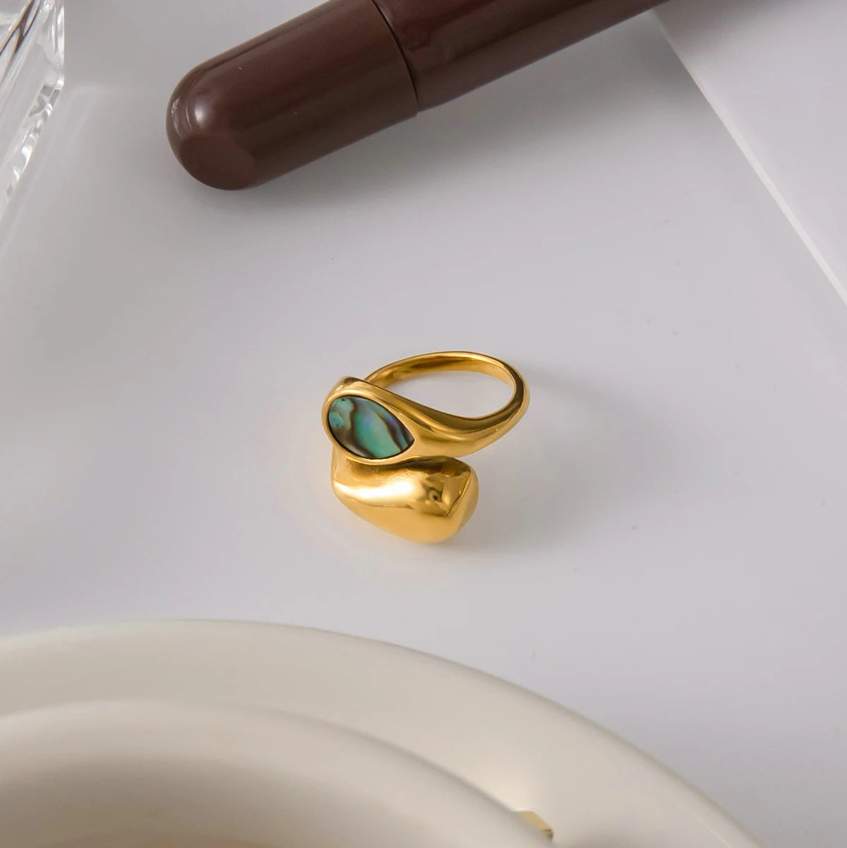 J&D 18K Gold Plated Stainless Steel Water Droplet Asymmetrical Opening Ring Personality Jewelry