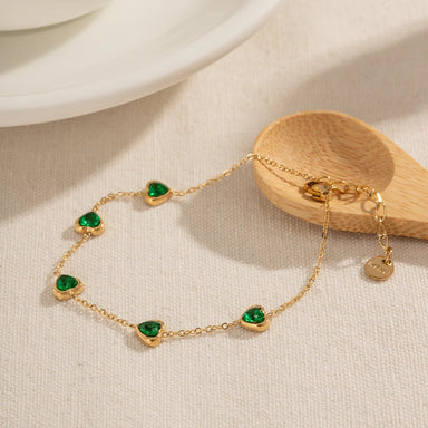 14K Gold Plated Stainless Steel Fine Chain Jewelry Gift Charm Mulit Green Heart Cubic Zirconia Bracelet