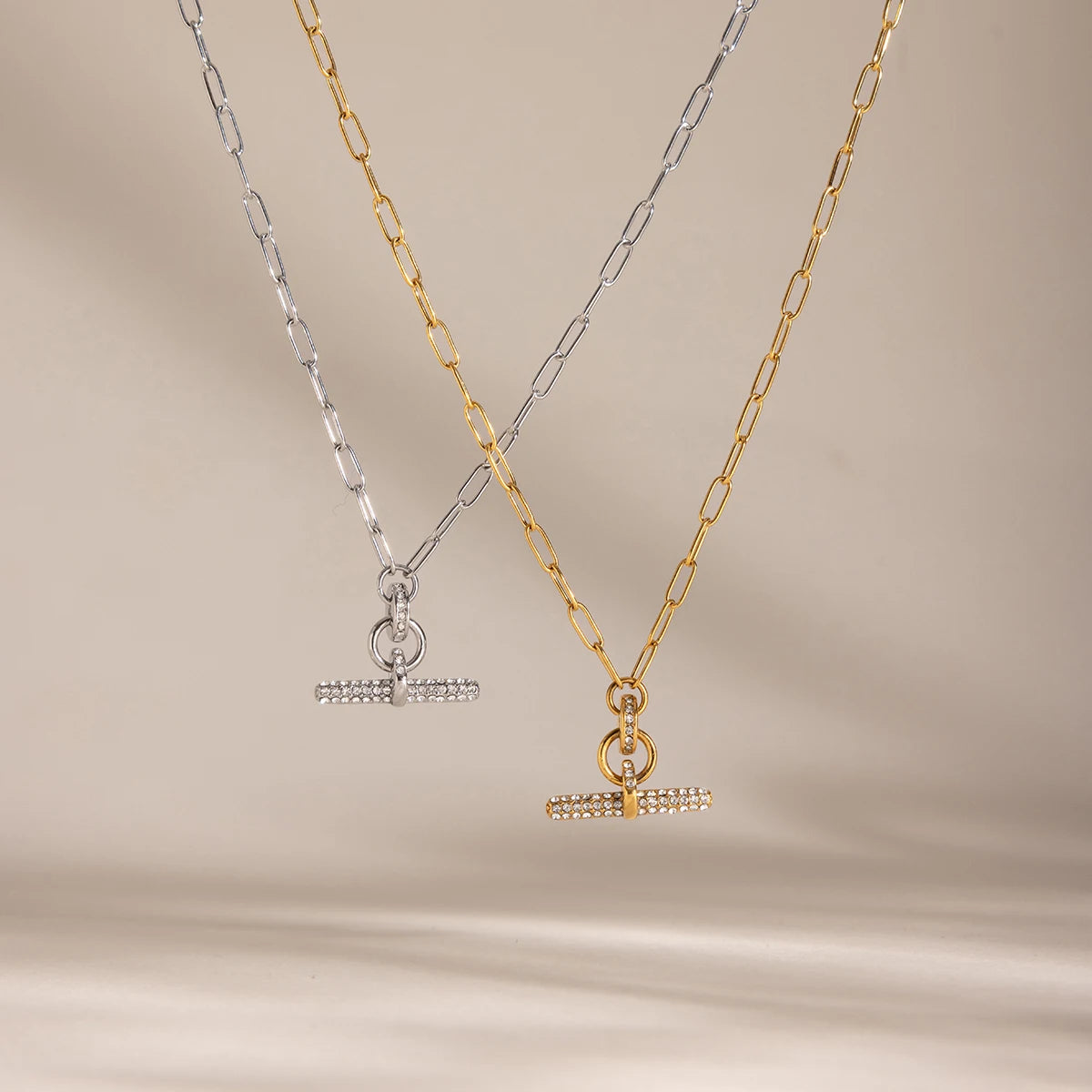J&D Jewelry 18K Gold Plated Stainless Steel Paperclip Link Chain Necklace with Pave White Rhinestone T Bar Pendant for Women