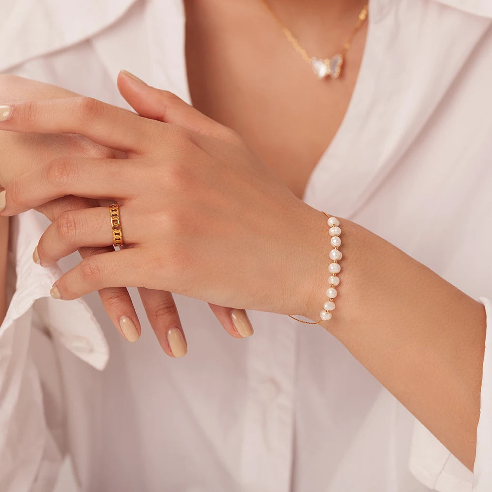 Freshwater Pearl Stainless Steel Bracelet Women Gift Dainty PVD 18k Gold Chain Bracelet