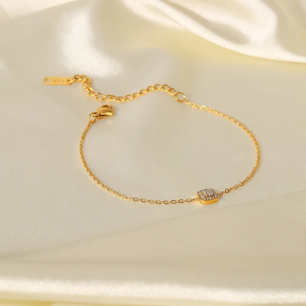 Thin Chain Charm18K Gold Plated Stainless Steel Square Pendant Cubic Zirconia Bracelet Women