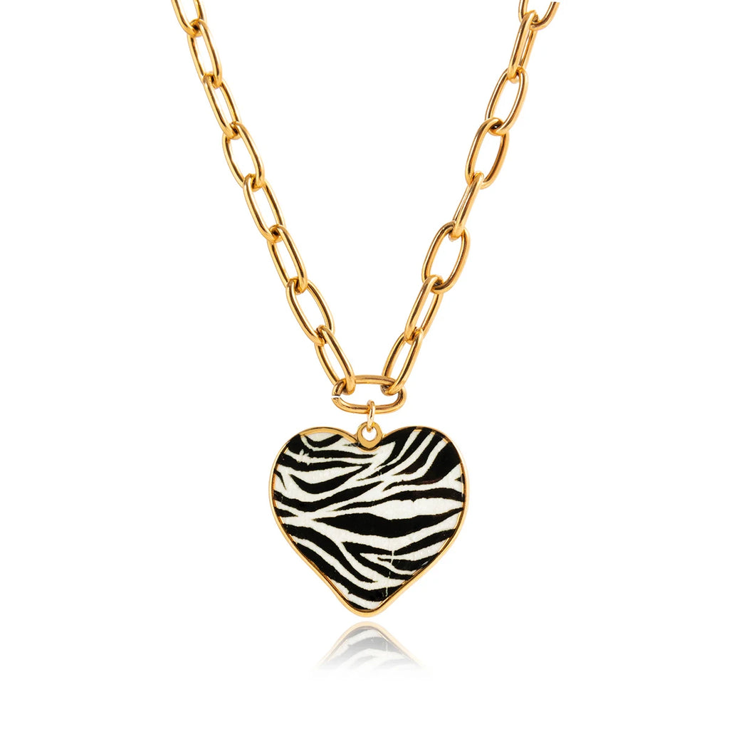 Vintage Leopard Print Enamel Heart Pendant Necklace
