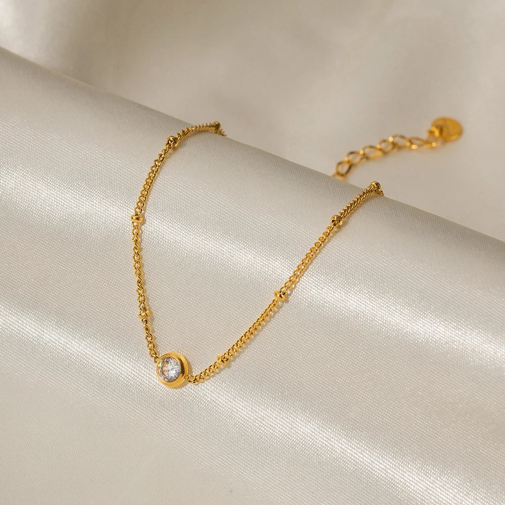 Dainty 18k Gold Plated Stainless Steel  Waterproof Anklet Jewelry Gift Chain Single Zircon Anklet
