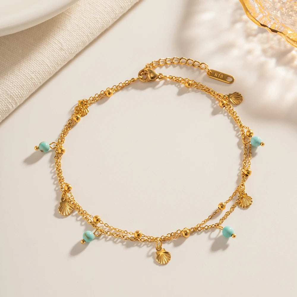 New Arrival Stainless Steel Anklet Beach Jewelry Gift Stainless Steel Turquoise Stone Pendant Seashell Charm Anklet