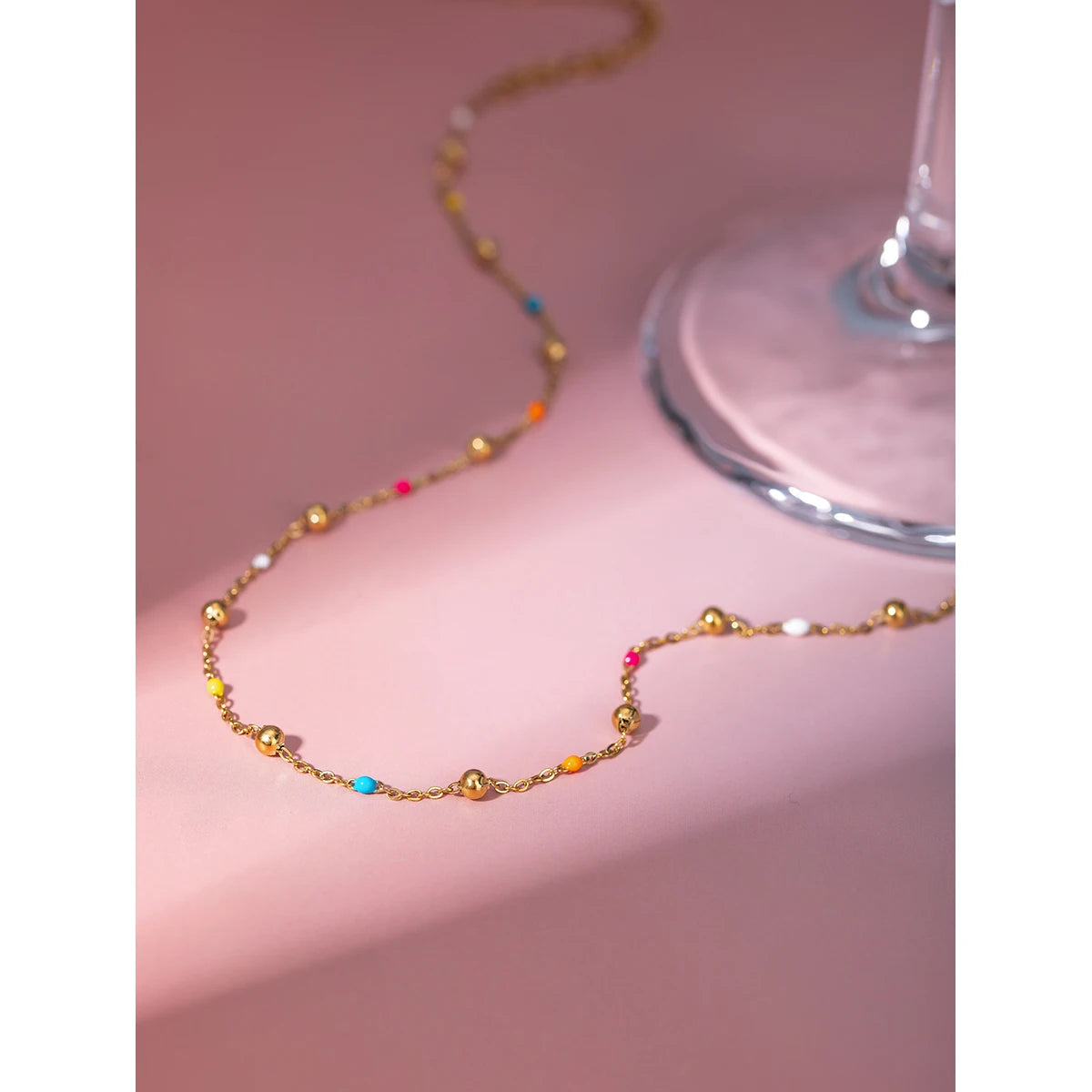 J&D Waterproof 14K Gold Plated Stainless Steel Jewelry Simple Minimalist Colorful Enamel Bead Chain Necklace