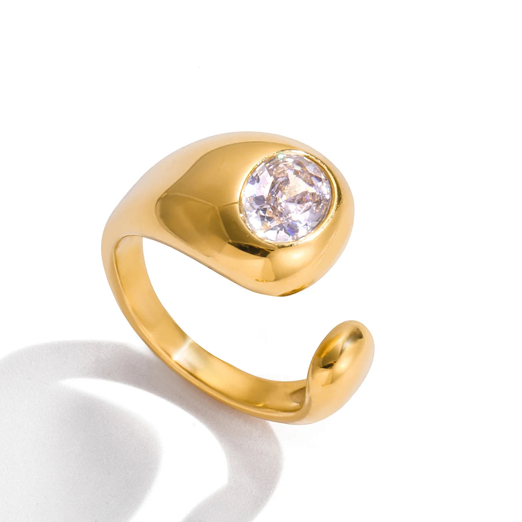 J&D 18K PVD Gold Plated Stainless Steel Ring Waterproof Classic Trendy White Rhinestone Open Ring