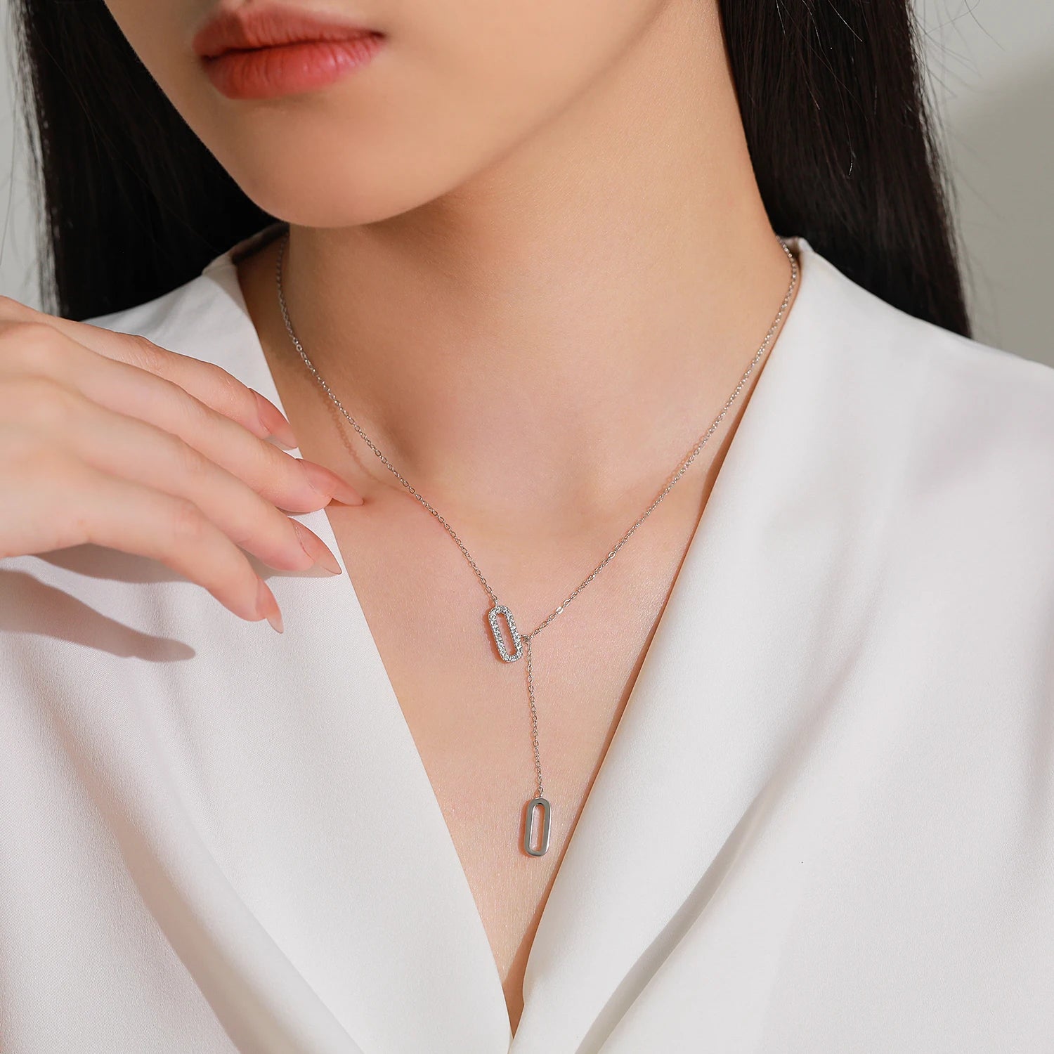 Paper Clip Shape Chain Y-Necklace