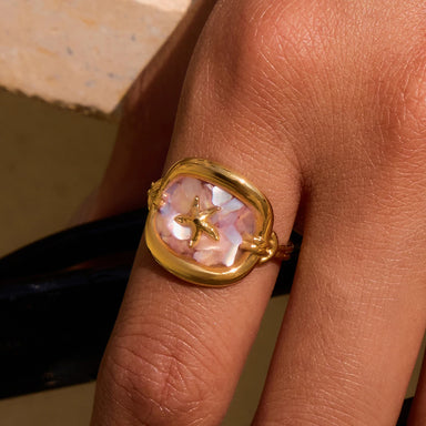 J&D Summer Ocean Jewelry 18K Gold Stainless Steel Pink Crushed Shell Square Starfish Open Rings