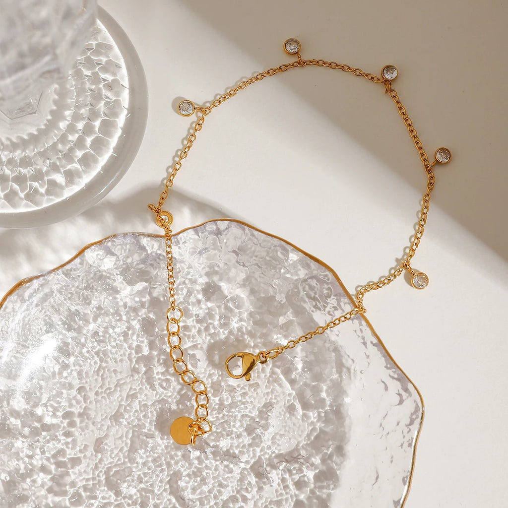 J&D Women's 18K Gold Plated Stainless Steel Anklet Round CZ Stone Waterproof Spring Summer Jewelry Gift