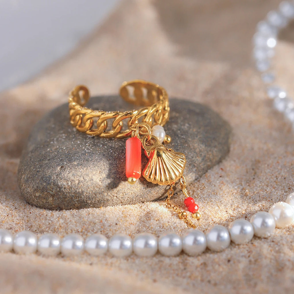 J&D Ocean Dainty 18K Gold Plated Stainless Steel Open Rings Coral Red Crystal Shell Chain Ring Fashion Jewelry