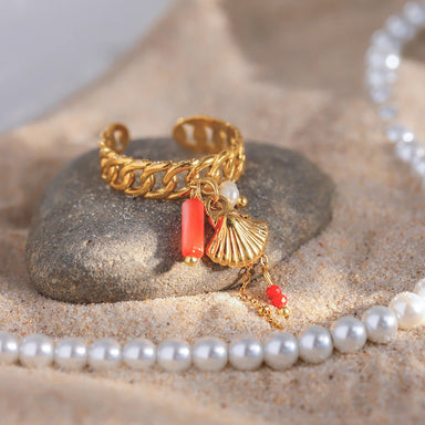 J&D Ocean Dainty 18K Gold Plated Stainless Steel Open Rings Coral Red Crystal Shell Chain Ring Fashion Jewelry