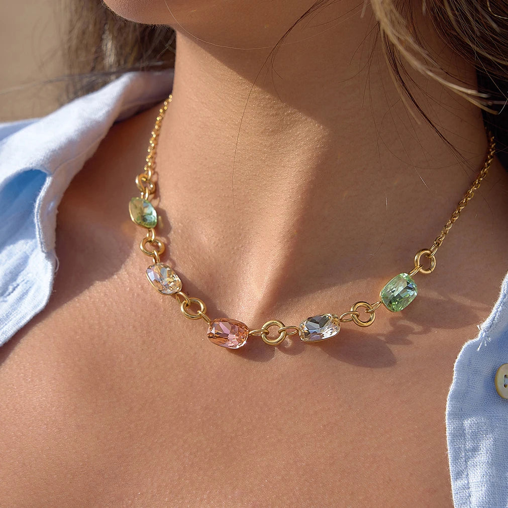 J&D 18K Gold Plated Stainless Steel Rhinestone Cross Necklace Square Colored Crystal Pendant Elegant Fashion Jewelry Women