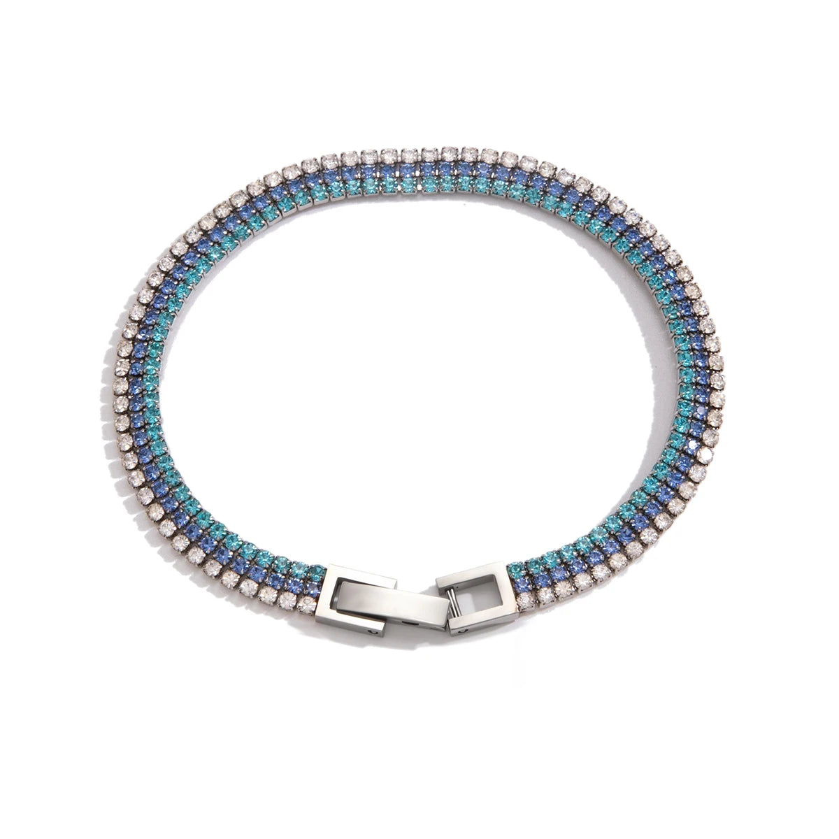 J&D Jewelry Silver Color Stainless Steel Three Layer Tennis Bracelet with Blue Purple White Rhinestone for Women