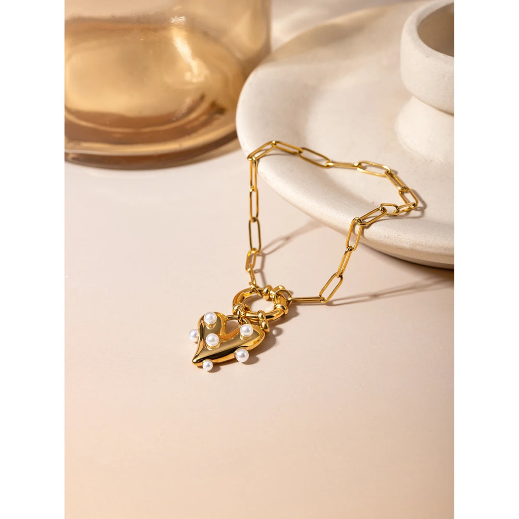 J&D Designer 20cm Stainless Steel Women Bracelet 18K Gold Plated Big Heart Pearl Pendant Bracelet