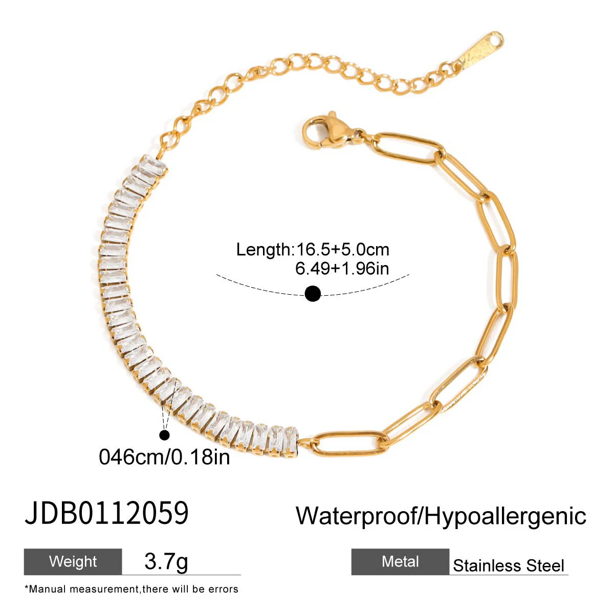 J&D Women's 18K Gold-Plated Stainless Steel Tennis Bracelet New Trendy Geometric Style with Zircon Casual Sports Accessory