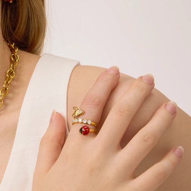 J&D Triple Layer Open Ring for Women Stainless Steel Enamel Ladybug Bee and Zirconia Nature Inspired Dainty Stacking Jewelry