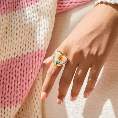 J&D 18K Gold Plate Stainless Steel Rings Heart Enamel Dried Flower DIY Photo Frame Adjustable Open Ring