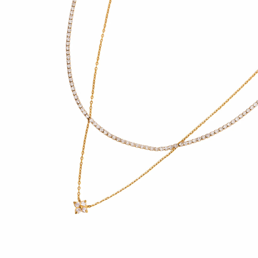 J&D Jewelry 18K Gold Plated Stainless Steel Layered Tennis Chain and Flower Zircon Pendant Necklace for Women