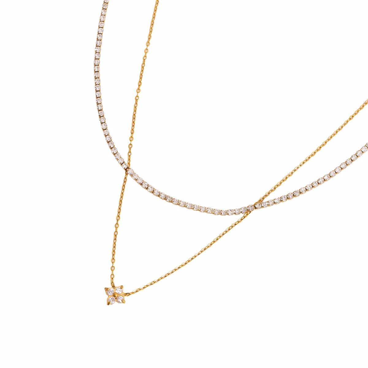 J&D Jewelry 18K Gold Plated Stainless Steel Layered Tennis Chain and Flower Zircon Pendant Necklace for Women