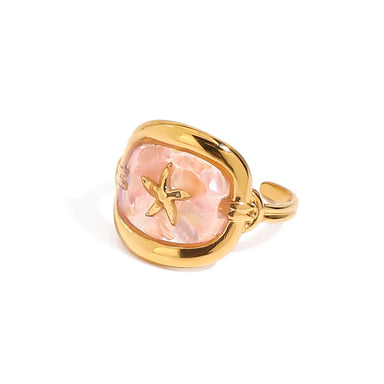 J&D Summer Ocean Jewelry 18K Gold Stainless Steel Pink Crushed Shell Square Starfish Open Rings