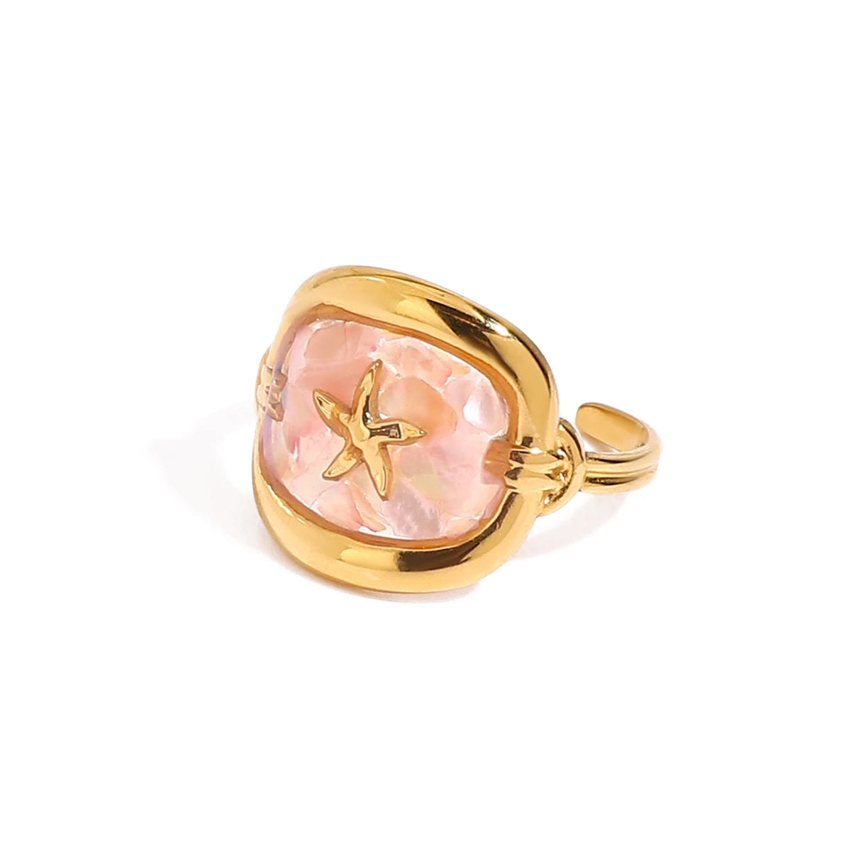 J&D Summer Ocean Jewelry 18K Gold Stainless Steel Pink Crushed Shell Square Starfish Open Rings