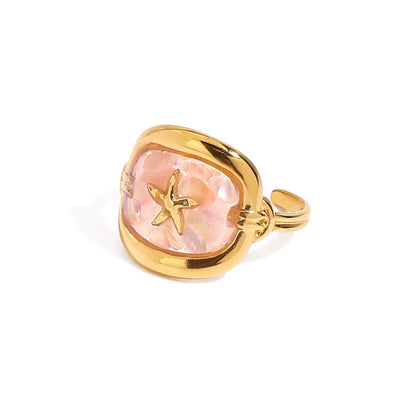 Pink Crushed Shell Square Starfish Open Rings