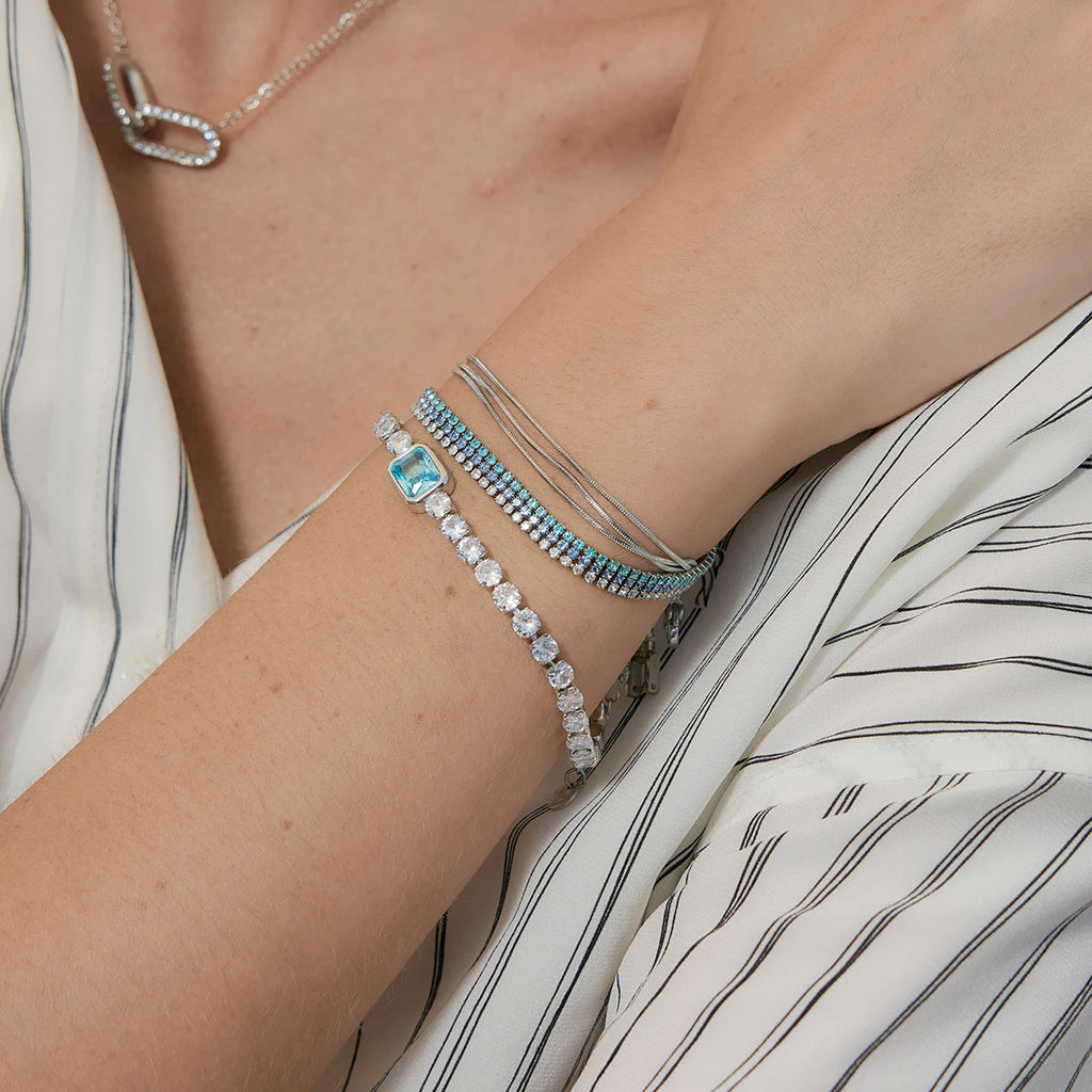 J&D Jewelry Silver Color Stainless Steel Three Layer Tennis Bracelet with Blue Purple White Rhinestone for Women