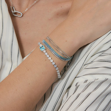 J&D Jewelry Silver Color Stainless Steel Three Layer Tennis Bracelet with Blue Purple White Rhinestone for Women