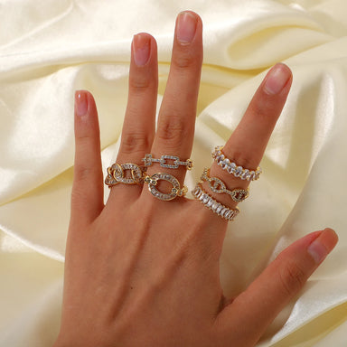 18K Gold Plated Copper Square Buckle Link Chain Opening Trendy Engagement Zircon Ring for Women for Parties and Anniversaries