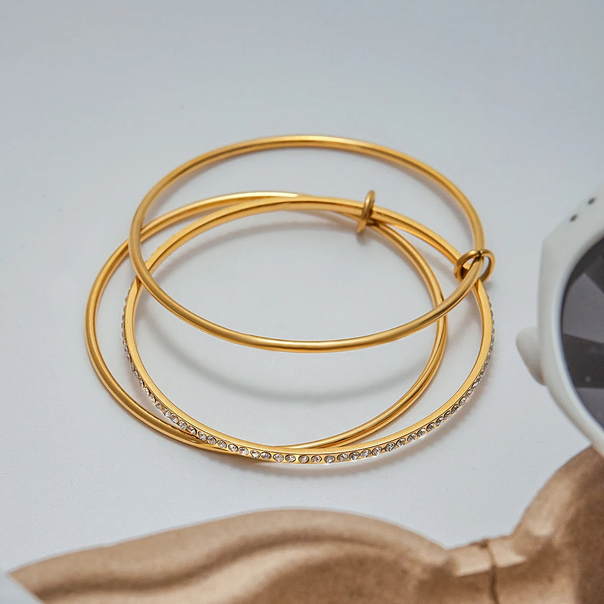 J&D Minimalist Multi Layers Bangle 18K Gold Plated Stainless Steel Trendy Classic Line 3 Layers 65mm Rhinestone Bangle