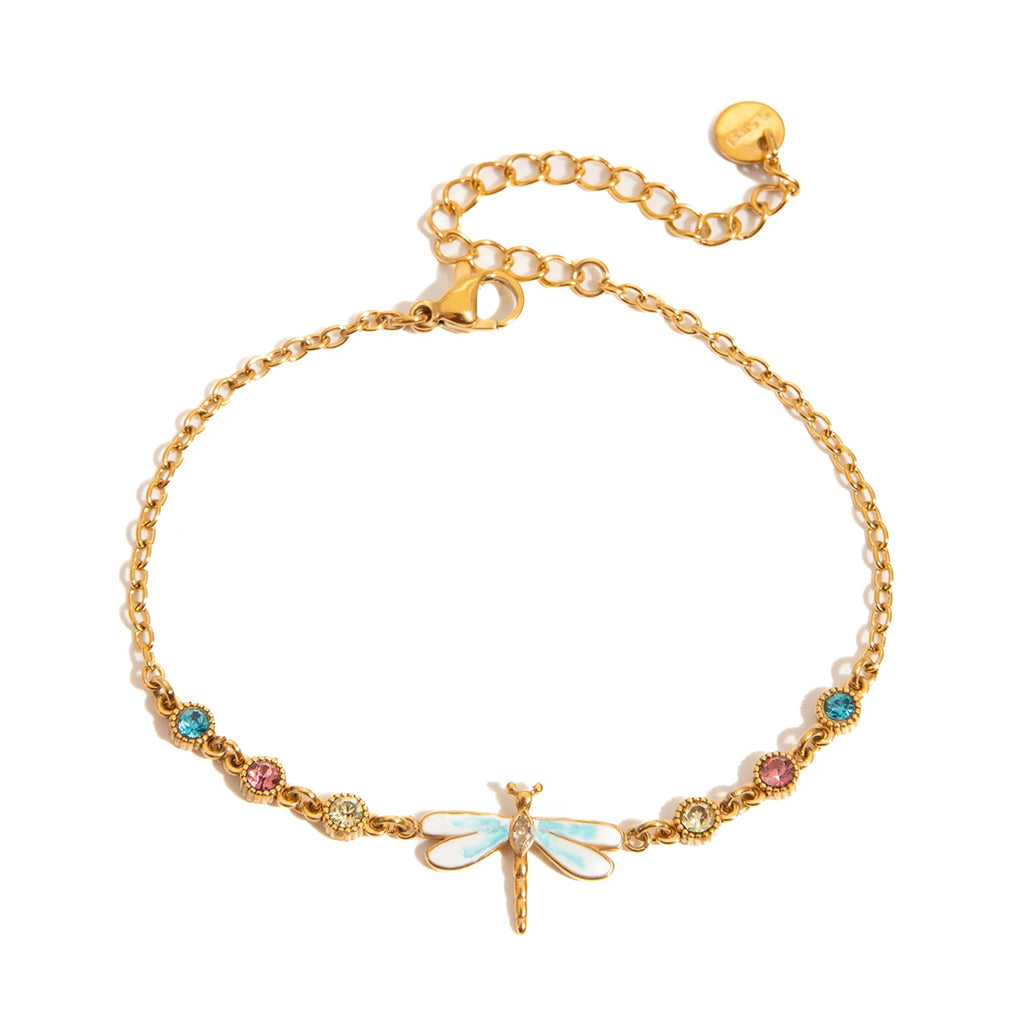 J&D Jewelry 18K Gold Plated Stainless Steel Blue Enamel Dragonfly Bracelet with Yellow Pink Blue Rhinestone for Women