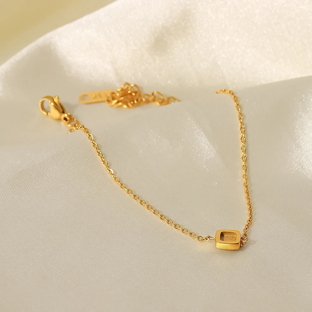 Thin Chain Charm18K Gold Plated Stainless Steel Square Pendant Cubic Zirconia Bracelet Women