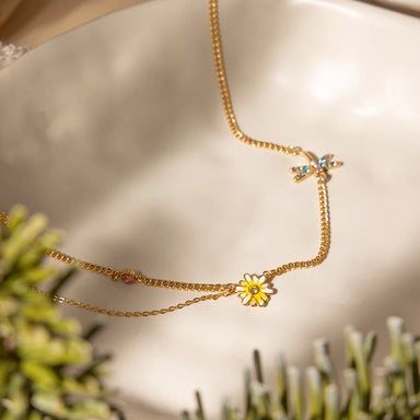 J&D Jewelry 18K Gold Plated Stainless Steel Yellow Enamel Daisy and Blue Rhinestone Dragonfly Station Necklace for Women