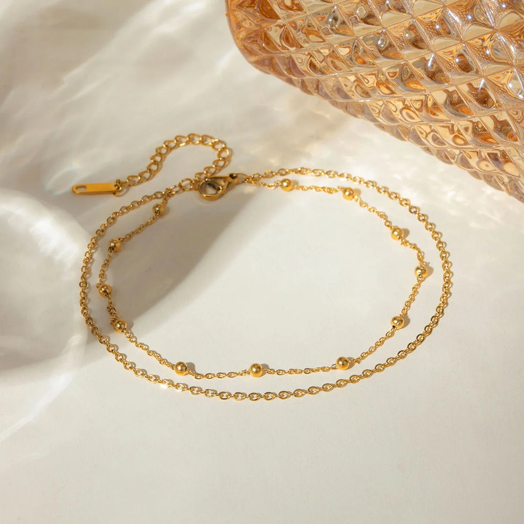 J&D 18K Gold Plated Stainless Steel Double Layer Bead Chain Anklet, 22+5cm