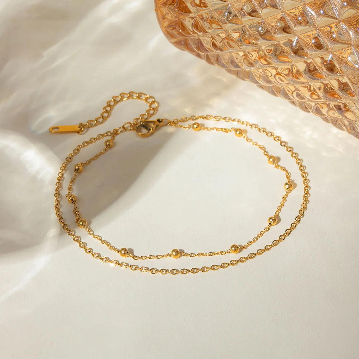 J&D 18K Gold Plated Stainless Steel Double Layer Bead Chain Anklet, 22+5cm