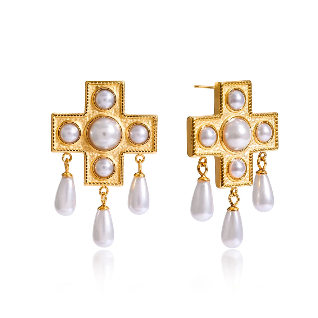 Cross Shaped Glass Pearl Drop Earring
