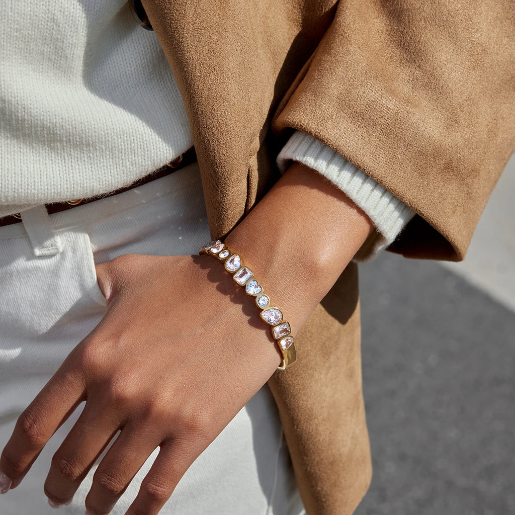 J&D Minimalist Stainless Steel 18K Gold Plated Classic Statement Multi Shape White CZ Bangle Gift for Women Daily Office Wear