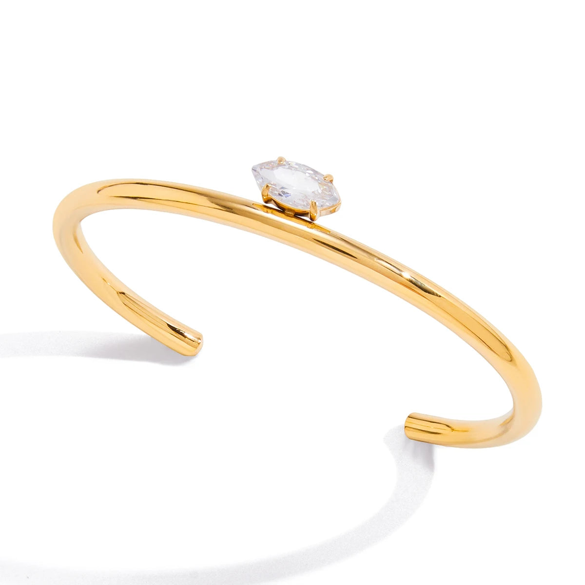 J&D 18K PVD Gold Plate Stainless Steel Bracelet Trendy Classic Horse Eye White Zircon Open Cuff Bangle