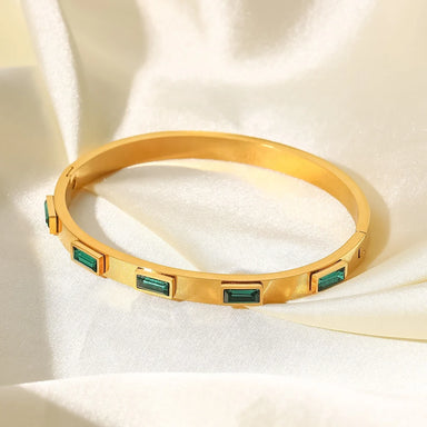 18k Gold Plated Green Cubic Zirconia Bezel Setting Dainty Stainless Steel Bangles for Women As Gift