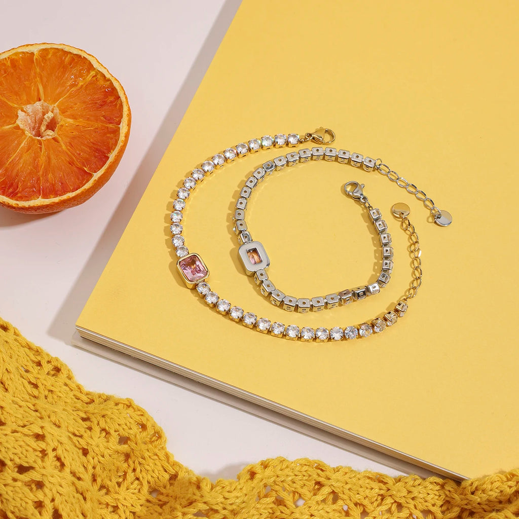 J&D 18K Gold Plate Stainless Steel Bracelet Trendy Sweet Romance Pink White Square Zircon Tennis Bracelets