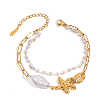 Pearl Starfish Nugget Shell Double Layers Bracelet