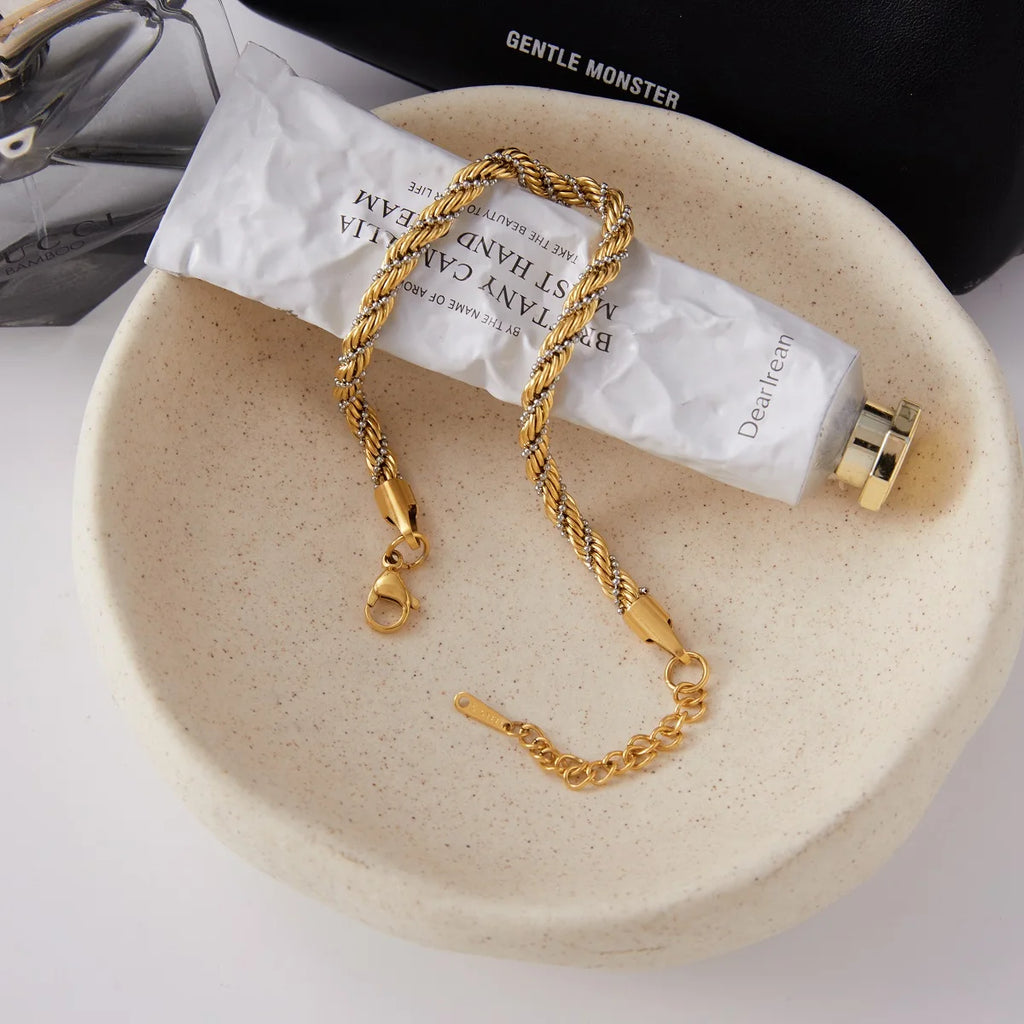 J&D New Arrival  Women's Stainless Steel  Bracelet Two Tone Personalized Beaded Chain Twisted Fried Bracelet