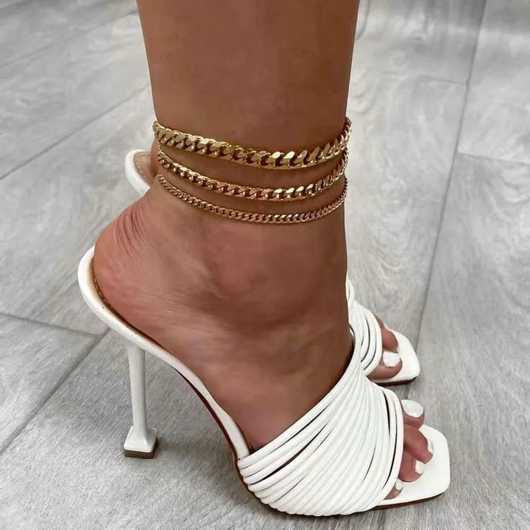 Dainty 3mm 18K Gold Plated Stainless Steel Stacking Miami Cuban Link Chain Feet Anklets for Women