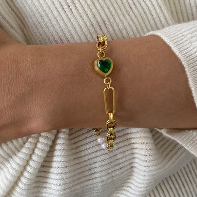 J&D Dainty 18k Gold Stainless Steel Pearl and Water Drill Freshwater Pearl Green Heart Bracelets
