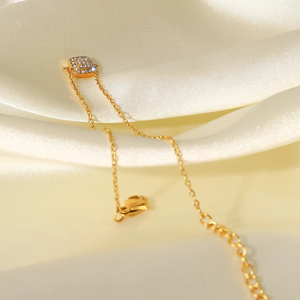 Thin Chain Charm18K Gold Plated Stainless Steel Square Pendant Cubic Zirconia Bracelet Women