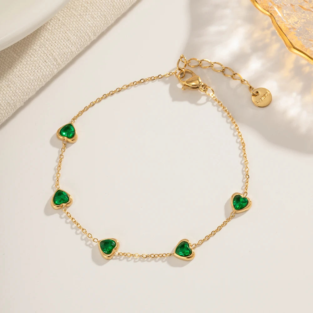 14K Gold Plated Stainless Steel Fine Chain Jewelry Gift Charm Mulit Green Heart Cubic Zirconia Bracelet