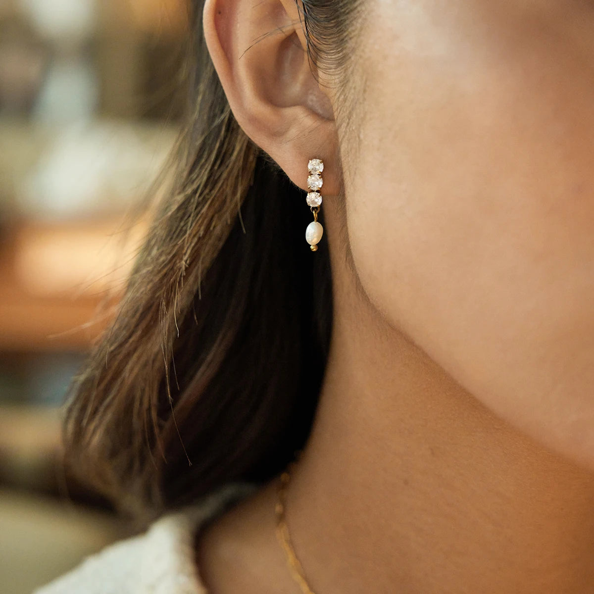 CZ Oval Freshwater Pearl Earrings