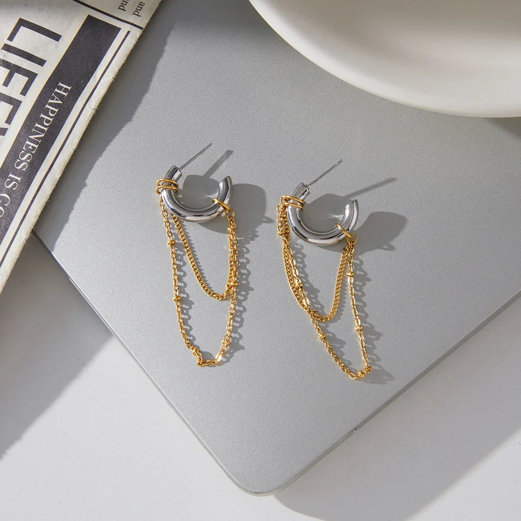 Bicolor Chain CC Hoop Tassel Earring