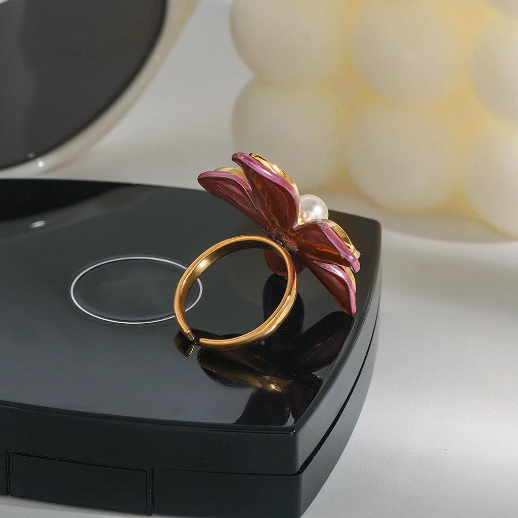 J&D 18K Gold Stainless Steel Adjustable Trendy Romantic Jewelry Pink Enamel Glass Pearl Flower Open Ring