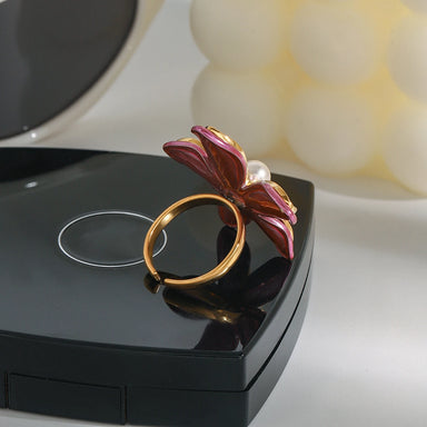 J&D 18K Gold Stainless Steel Adjustable Trendy Romantic Jewelry Pink Enamel Glass Pearl Flower Open Ring